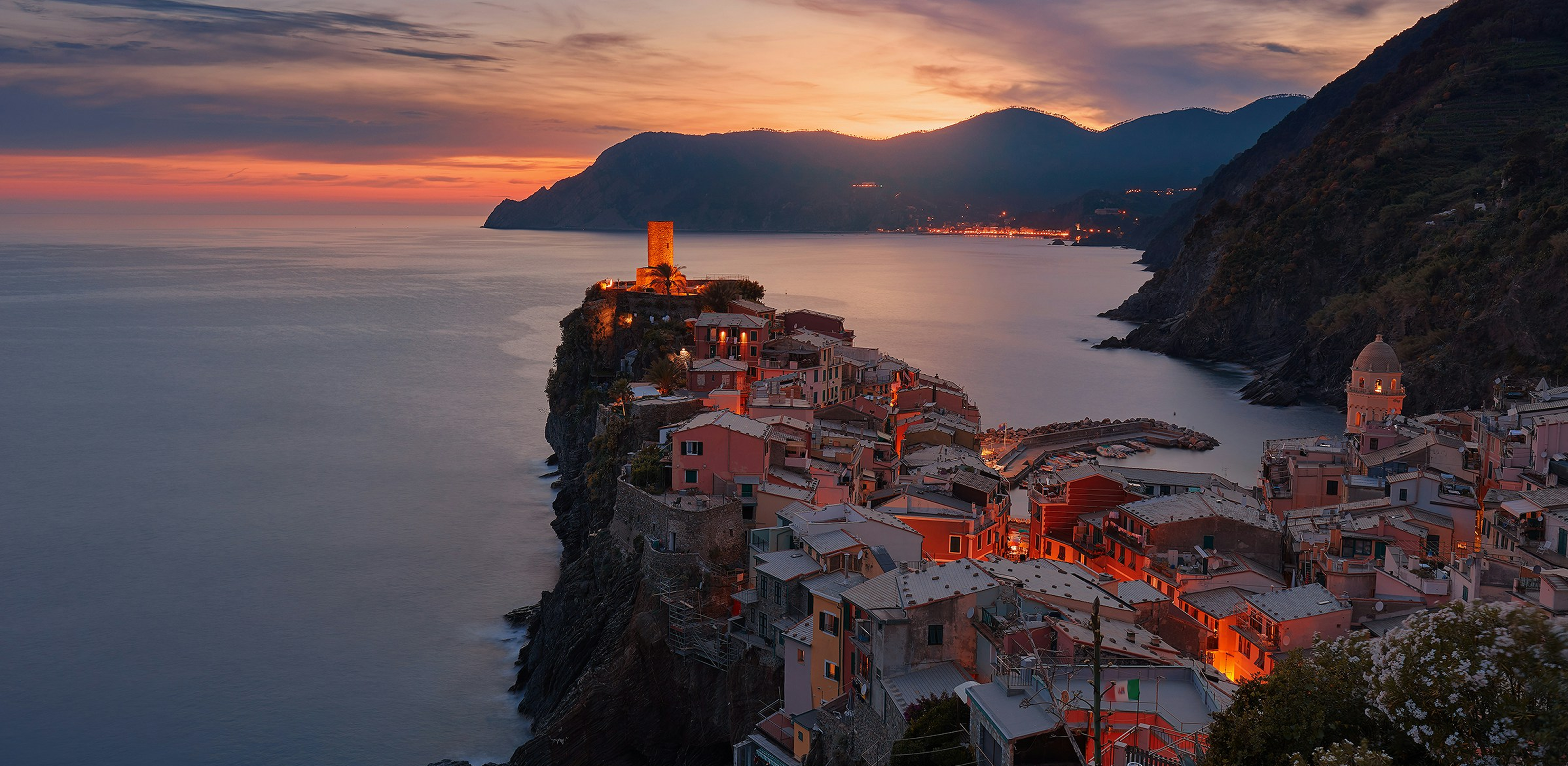 Coastal town at sunset